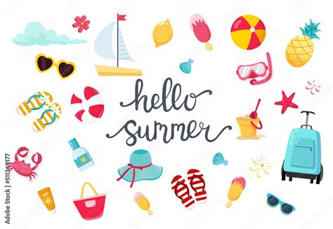 Summer Set With Cute Beach Elements Bikini Flip Flops Fruits Flowers Palm Trees Hand Drawn