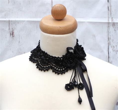 Crocheted Choker Necklace Black Silk Black Acrylic Beads Etsy