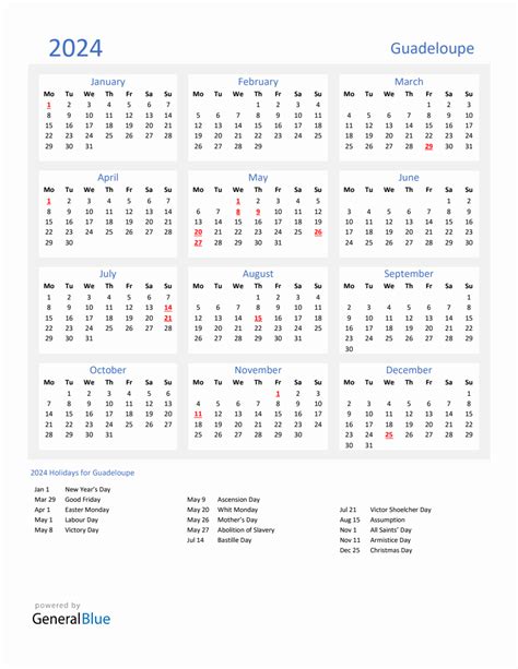 Basic Yearly Calendar With Holidays In Guadeloupe For 2024