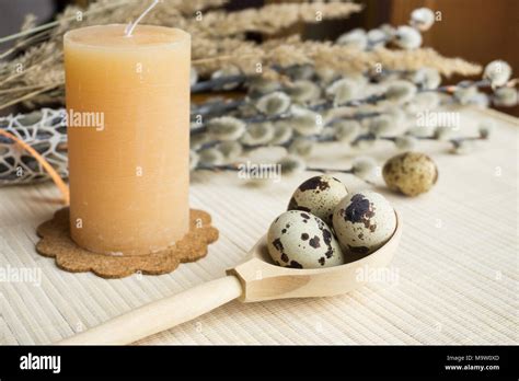 Easter Bouquet Flowers Pussy Willow And Easter Eggs Of Quail Stock Photo Alamy