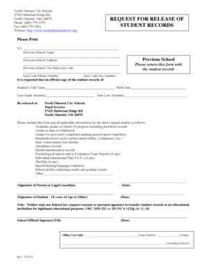 Fillable Online New District Release Form North Olmsted City Schools