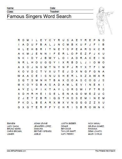 Print Famous Singers Word Search Free Printable