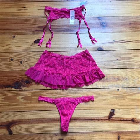 Jezebel Intimates Sleepwear Jezebel Hot Pink Lace Garter Belt Skirt Thong Euc Sm Poshmark
