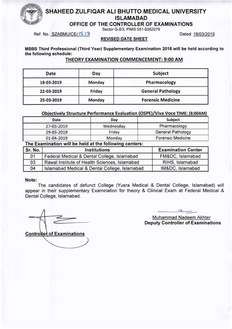 Revised Date Sheets Of Mbbs St Nd Rd Th Professionals