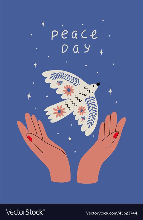 Beautiful Card With Hands And Dove Of Peace Vector Image