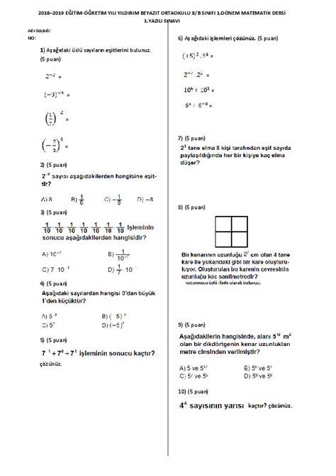 8 Sınıf Matematik 8 Sınıf 1 Dönem 1 Yazılı Yazılı Örneği Derslig