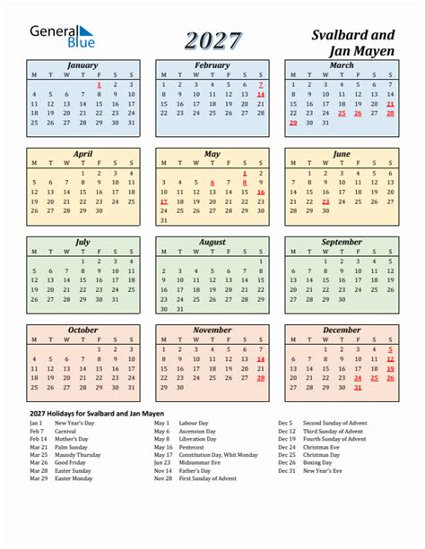 Holiday Calendar For Svalbard And Jan Mayen Monday Start