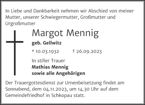 Traueranzeigen Von Margot Mennig Abschied Nehmen De