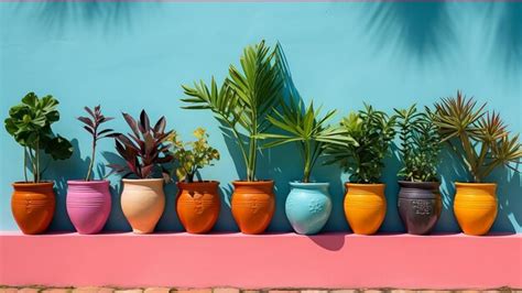 Premium AI Image | Various floweringplants in colorful flower pots in a row against blue and ...