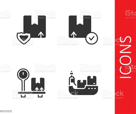 상자 배달 배달 보안 방패 스케일 골판지 및 판지 아이콘화물 선을 설정합니다 벡터 검은색에 대한 스톡 벡터 아트 및 기타 이미지