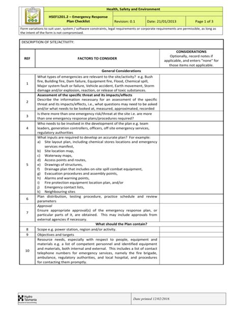 HSEF1201.2 - Emergency Response Plan Checklist