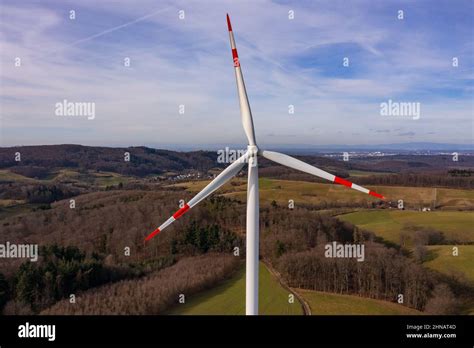 Aerial View Of A Wind Turbine With The Three Rotor Blades With Good