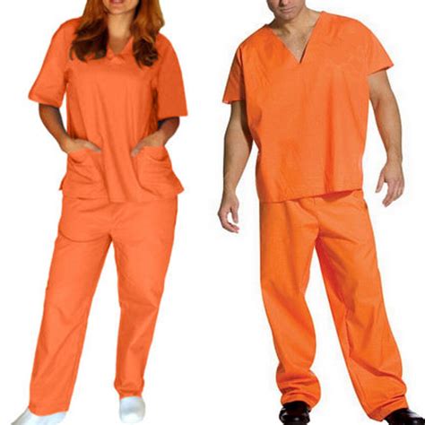 Orange Prisoner Scrub Convict Inmate Jail Unisex Set Top And Pants For