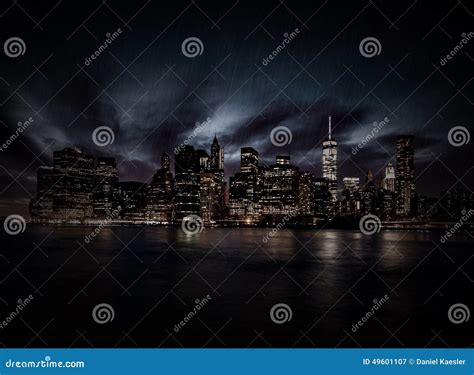 New York City Skyline at Rainy Night Stock Image - Image of america ...