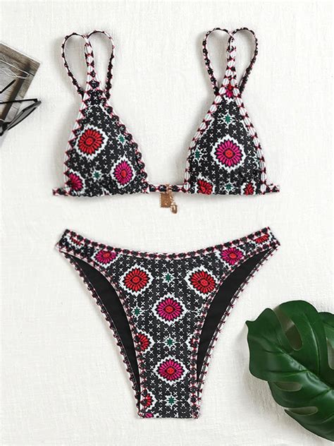 Bohemian Print Triangle Top Bikini Swimwear Set On Luulla
