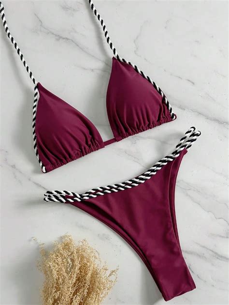 Swim Basics 2pc Women S Summer Beach Resort Rope Detail Triangle Bikini Set With Rope Side