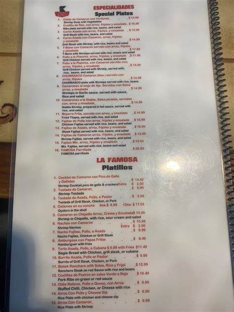 Menu at comedor la famosa restaurant, Memphis