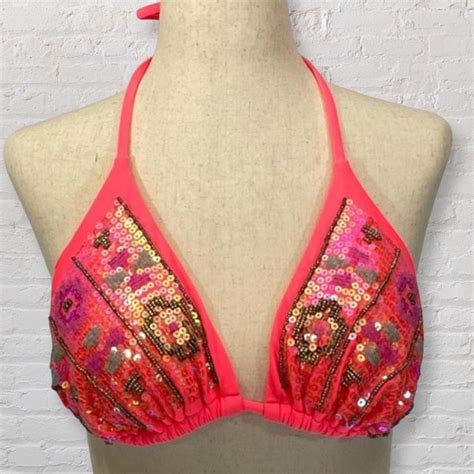 Vintage Beaded String Bikini Top S Coral Depop
