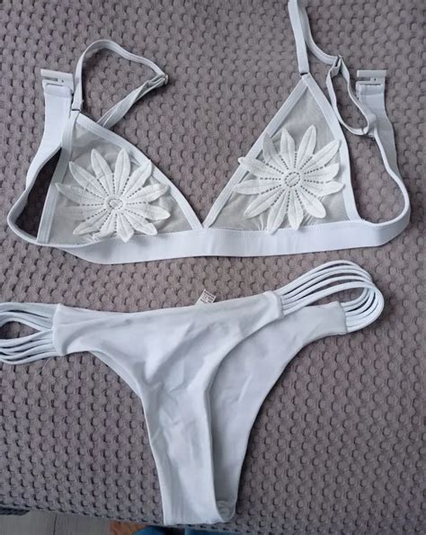 Plavky 2021 Sexy White Mesh Embroidered Flower Strappy Biquini Micro Bathing Suit Swimsuit Thong