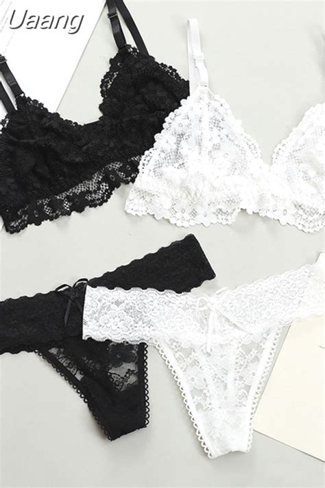 Uaang Women Lace Bra Briefs Set Sexy Wire Free Lingerie Hollow Out G String Bra Set Female
