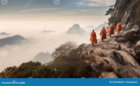 Chinese Monks Walking On Mountains Generative Ai Stock Illustration