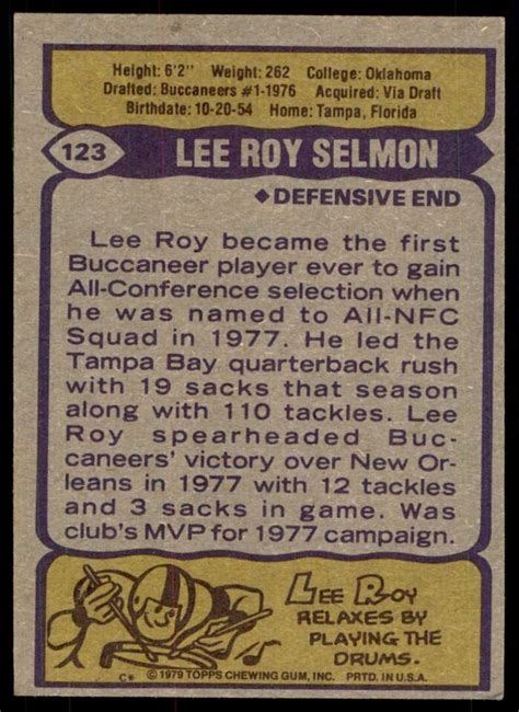 1979 TOPPS LEE ROY SELMON TAMPA BAY BUCCANEERS 123 EBay