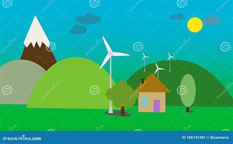 2d Graphics Of A Wind Farm In Mountain Green Village With Clouds