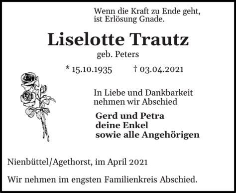 Traueranzeigen Von Liselotte Trautz Sh Z Trauer