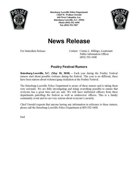 Town of Batesburg-Leesville - An official statement from BLPD regarding