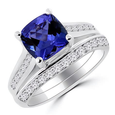 Cushion Tanzanite And Diamond Matching Engagement Ring Set