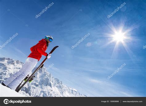 Beautiful Brunette Woman With Ski Stock Photo By Kesu