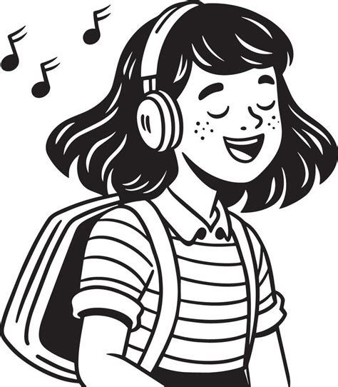 Girl with headphones listening illustration black and white 46007120 ...
