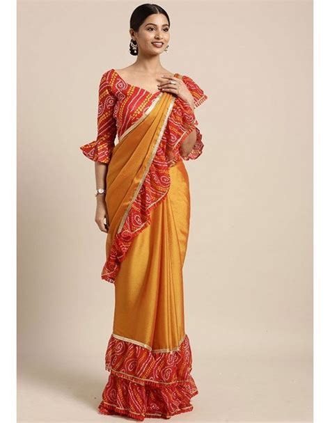 Mustard Yellow Bandhani Print Frill Border Saree Saree Designs