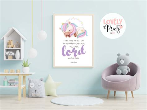 Unicorn bible verse prints psalms 4 8 printable bible girl | Etsy