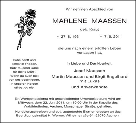 Traueranzeigen Von MARLENE MAASSEN Aachen Gedenkt