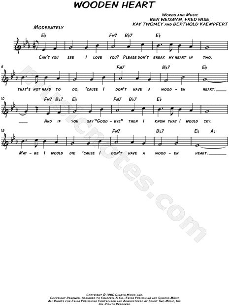 Elvis Presley Wooden Heart Sheet Music Leadsheet In Eb Major Download And Print Sku Mn0148549