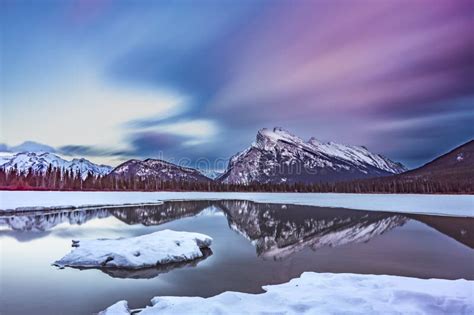 Long Exposure Of Vibrant Sunrise At Vermillion Lakes Banff National