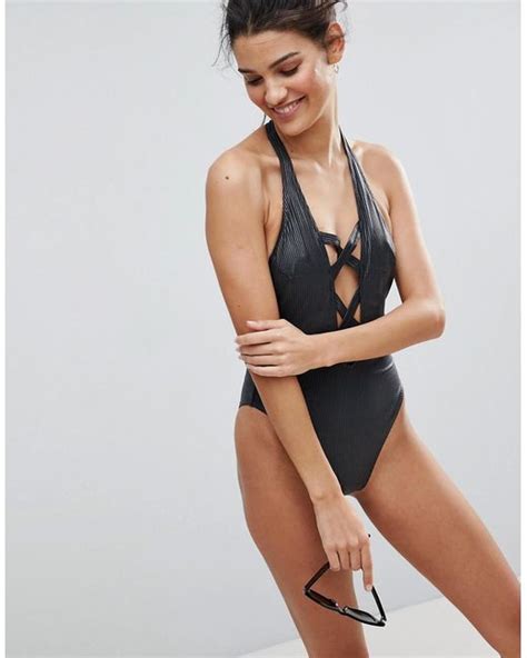 Lyst Asos Wetlook Ribbed Lattice Plunge Swimsuit In Black