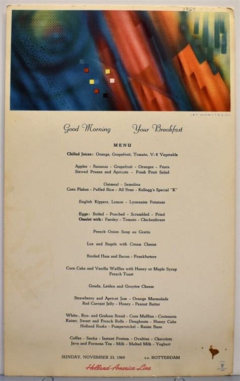 Vintage 1969 Holland America Line Menu SS Rotterdam Cruise Ship EBay