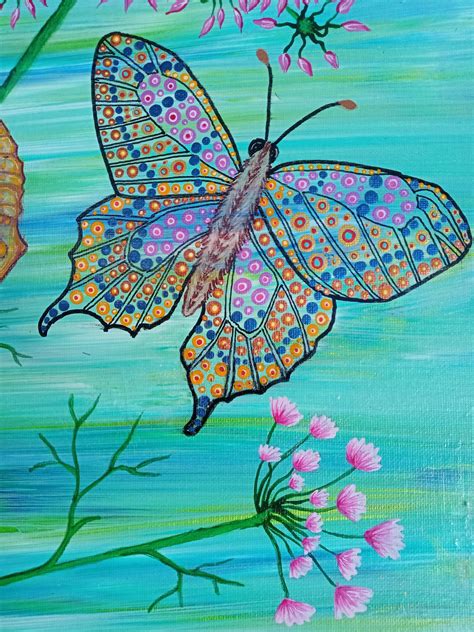 Butterfly Life Cycle original Dot Art Acrylic Painting. Blue Background ...