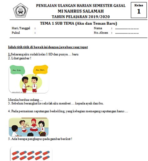 Lengkap Contoh Soal Ulangan Harian Kelas 1 SD MI Tema 1 Sub Tema Aku