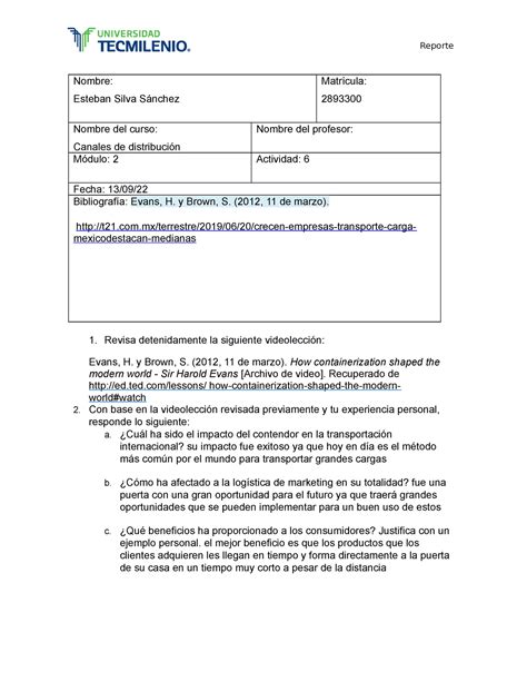 Actividad Canales De Distribuci N Reporte Nombre Esteban Silva