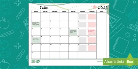 Calendario Julio Profesor Hizo Twinkl