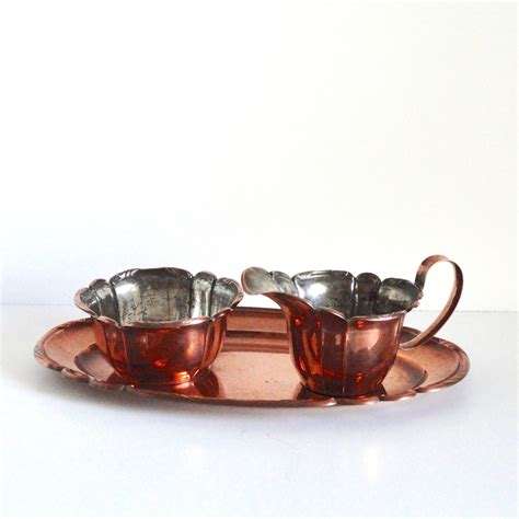 Vintage Copper Cream And Sugar Set With Tray Made In Finland Etsy