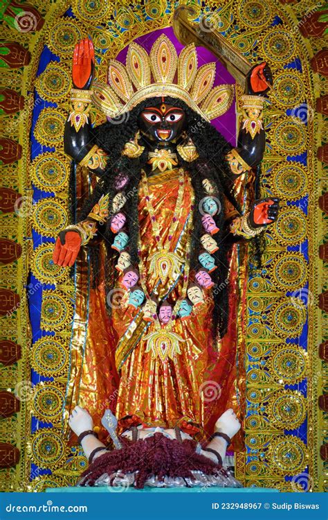 Idol Of Goddess Maa Kali At A Decorated Puja Pandal In Kolkata India