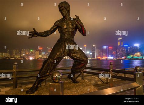 Hong Kong Avenue Of Stars Bruce Lee Statue Night Hi Res Stock