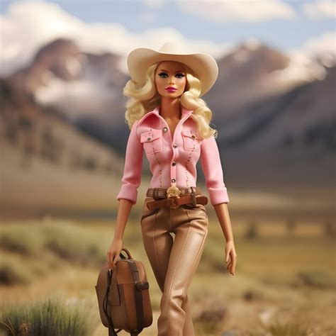 Premium AI Image Cute Blonde Barbie Wearing A Pink Clothing Posed With Luggage Against Nature