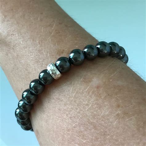 Mens Gemstone Bracelet Grey Hematite Sterling Silver 8mm Beaded