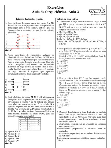 Questões De Força Elétrica - 00 Exercicios de Forca Eletrica Aula 3RV | PDF | Carga elétrica ...