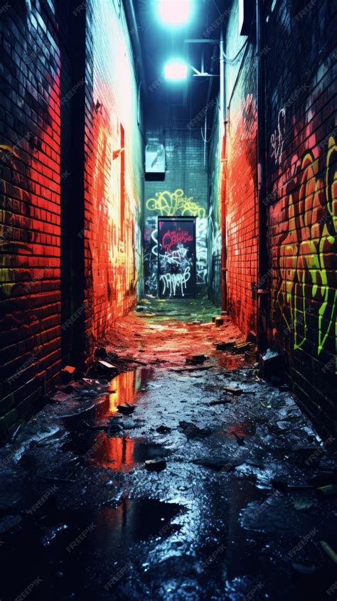 Premium AI Image | A dark alley with graffiti on the walls